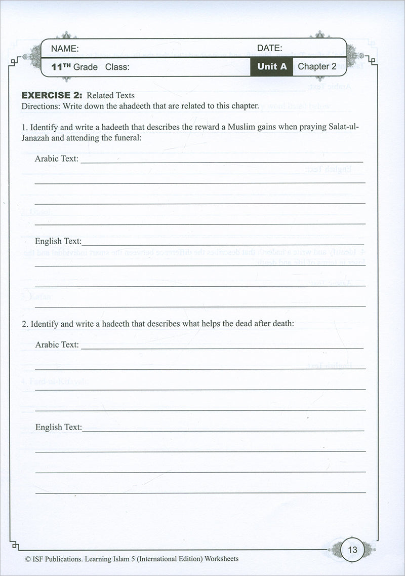 Learning Islam Workbook: Level 5 (11th Grade, Weekend/International Edition)