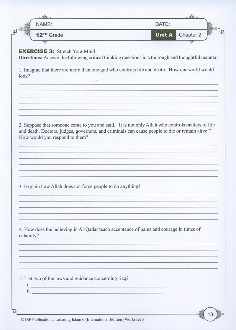 Learning Islam Workbook: Level 6 (12th Grade)  Weekend/International Edition
