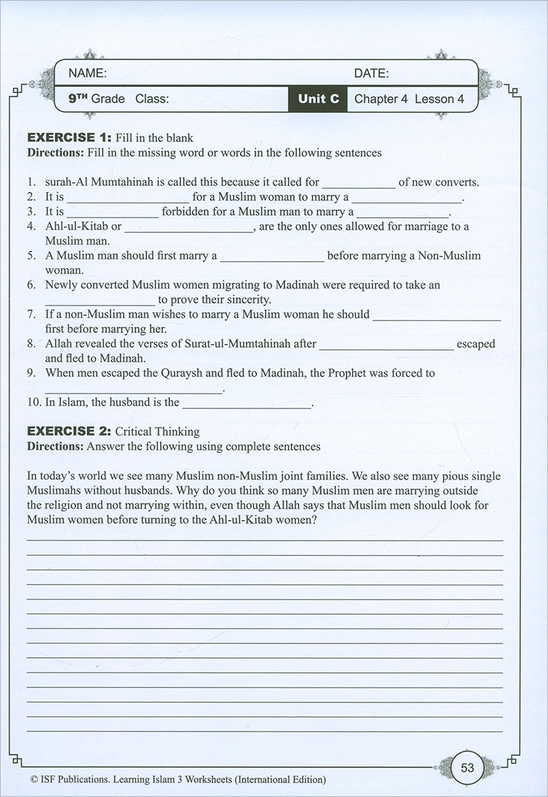Learning Islam Workbook: Level 3 (9th Grade, Weekend/International Edition)
