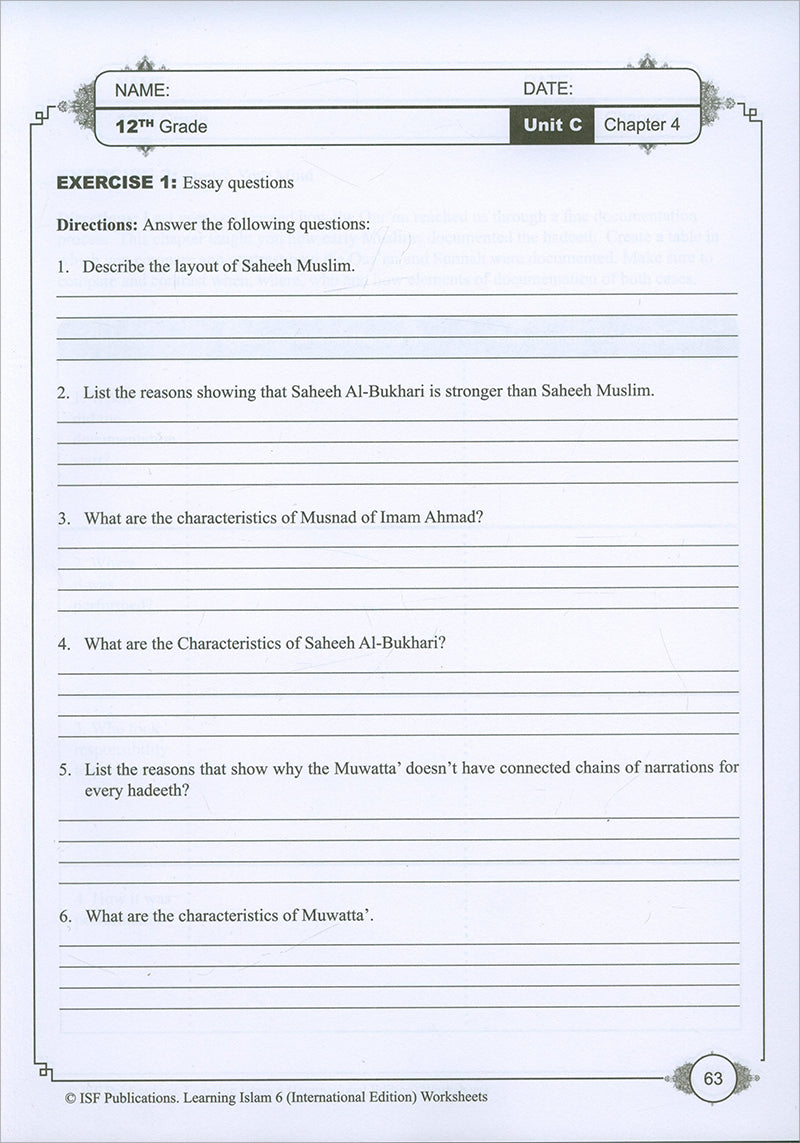 Learning Islam Workbook: Level 6 (12th Grade)  Weekend/International Edition