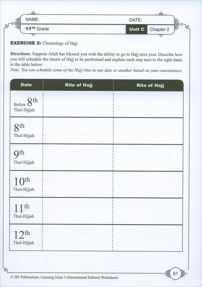 Learning Islam Workbook: Level 5 (11th Grade, Weekend/International Edition)