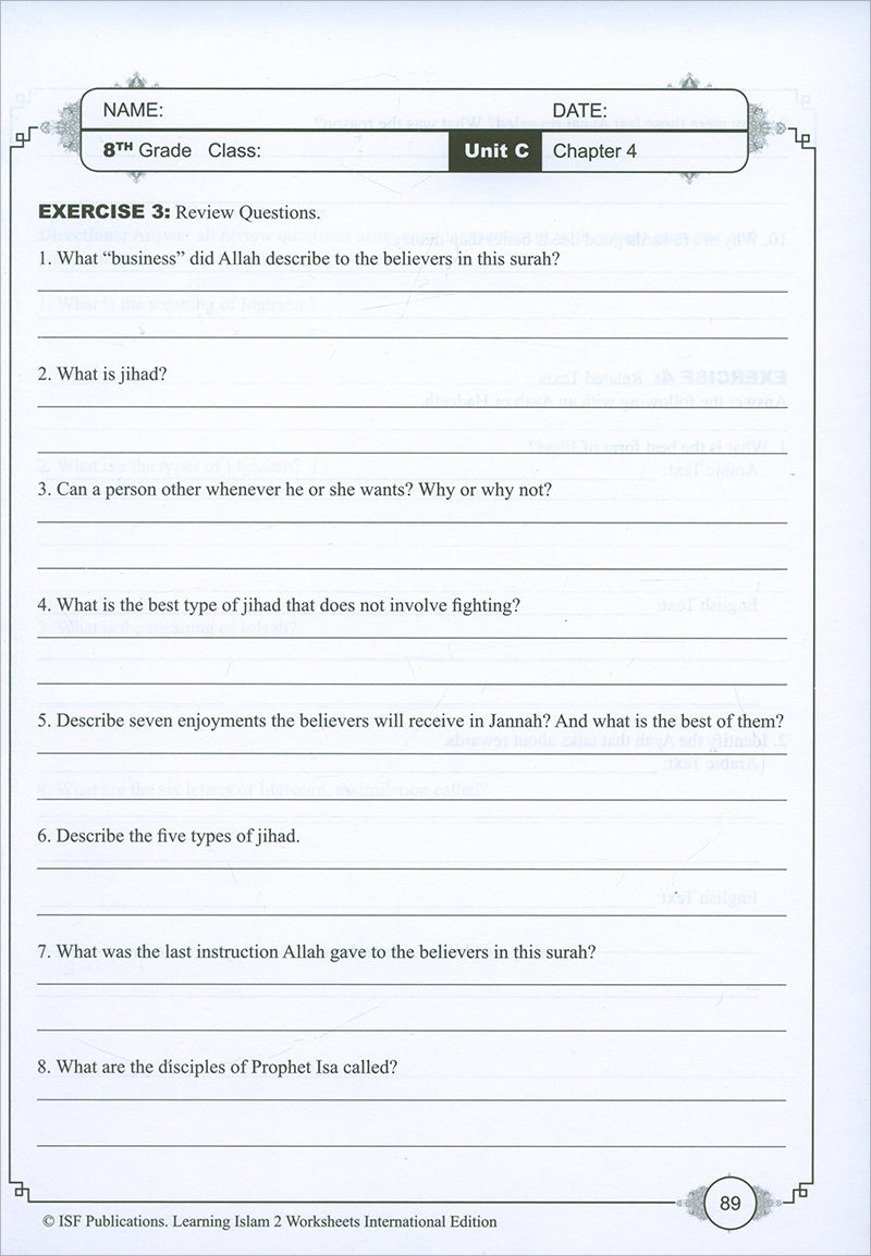 Learning Islam Workbook: Level 2 (8th Grade, Weekend/International Edition)