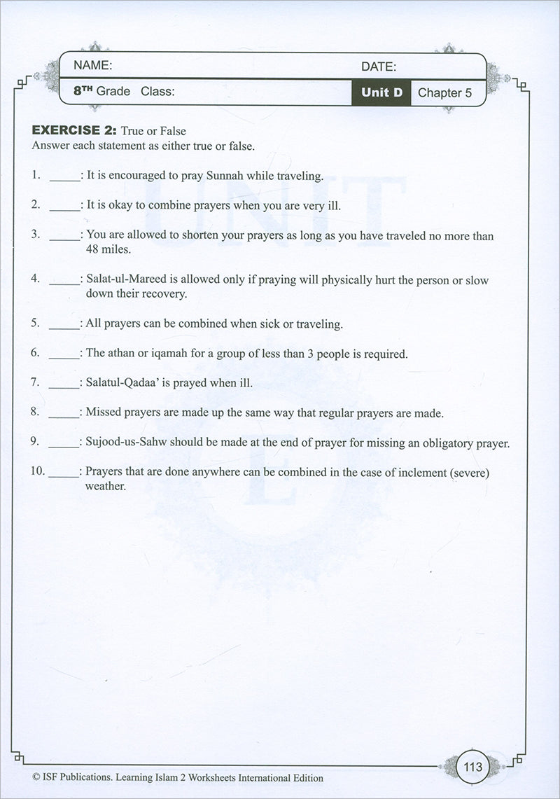 Learning Islam Workbook: Level 2 (8th Grade, Weekend/International Edition)