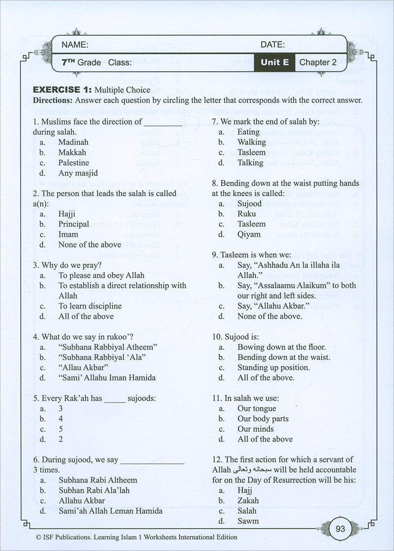 Learning Islam Workbook: Level 1 (7th  Grade, Weekend/International Edition)