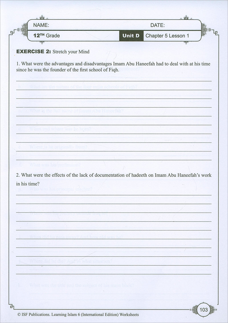 Learning Islam Workbook: Level 6 (12th Grade)  Weekend/International Edition